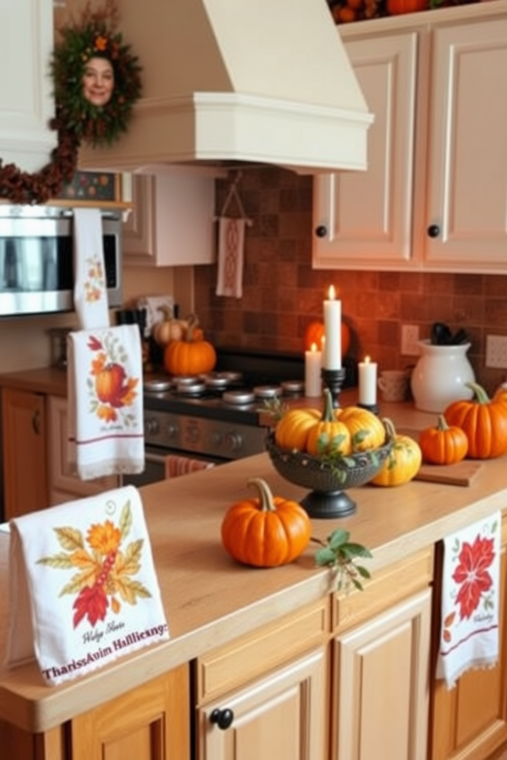 A cozy kitchen adorned with seasonal kitchen towels featuring vibrant autumn prints. The countertops are decorated with pumpkins and candles, creating a warm and inviting atmosphere for Thanksgiving celebrations.