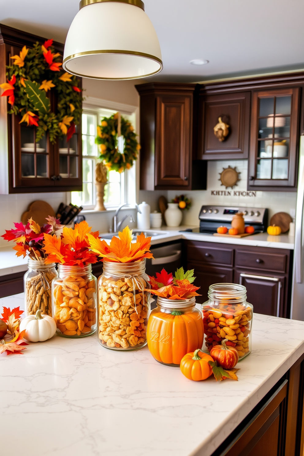 A cozy kitchen adorned for Thanksgiving. The countertops are lined with decorative jars filled with seasonal treats, showcasing vibrant autumn colors and textures.