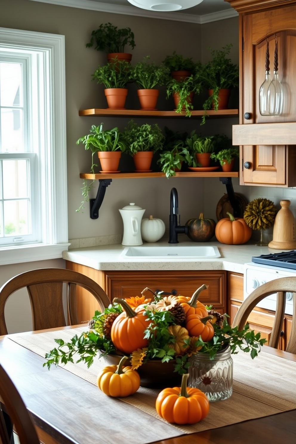 A warm and inviting kitchen space adorned with cozy throw blankets draped over rustic wooden chairs. The countertops are decorated with seasonal elements like pumpkins and autumn leaves, creating a festive Thanksgiving atmosphere.