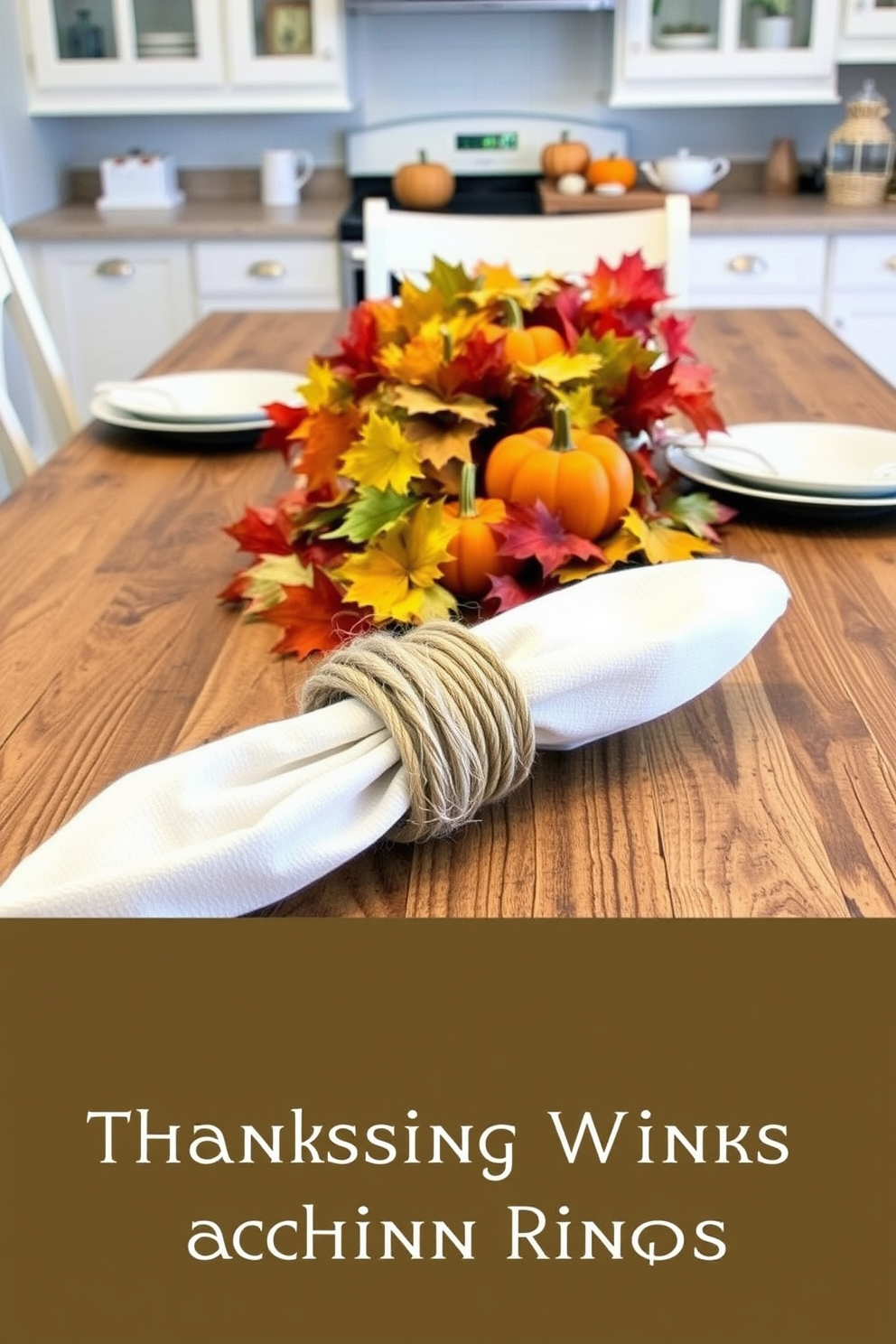 A cozy kitchen adorned with string lights that create a warm and inviting glow. The festive decor features autumn-themed accents such as pumpkins and garlands, enhancing the Thanksgiving spirit.