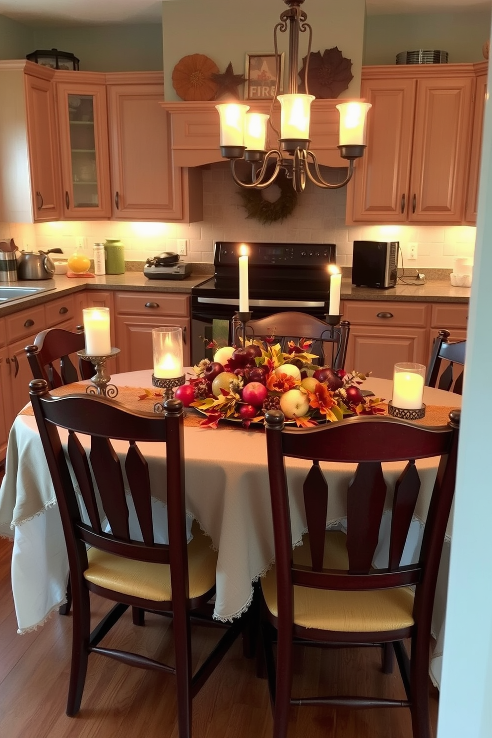 A cozy kitchen setting illuminated by warm candlelight in decorative holders. The table is adorned with a rustic tablecloth, surrounded by wooden chairs, and a centerpiece featuring seasonal fruits and autumn leaves.