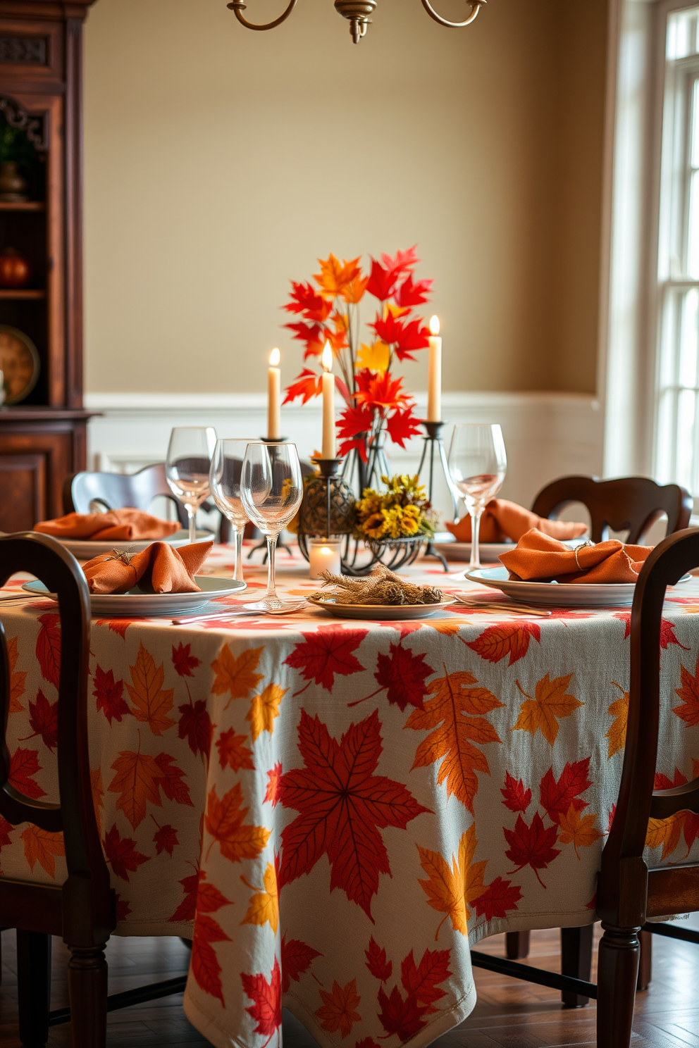 Decorative cutting boards adorned with autumn leaves and pumpkins are placed on a rustic wooden countertop. The kitchen features warm, earthy tones with a cozy atmosphere, enhanced by soft lighting and seasonal decor.