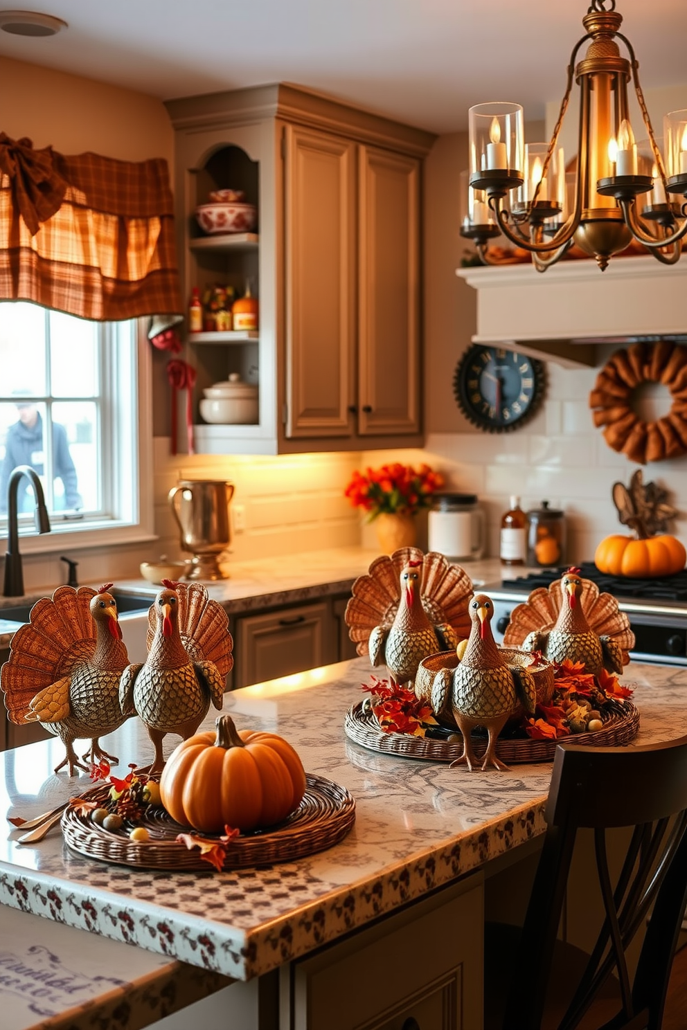 A cozy kitchen adorned with whimsical turkey figurines placed on the counters. The decor features warm autumn colors with accents of orange and gold, creating a festive atmosphere for Thanksgiving.