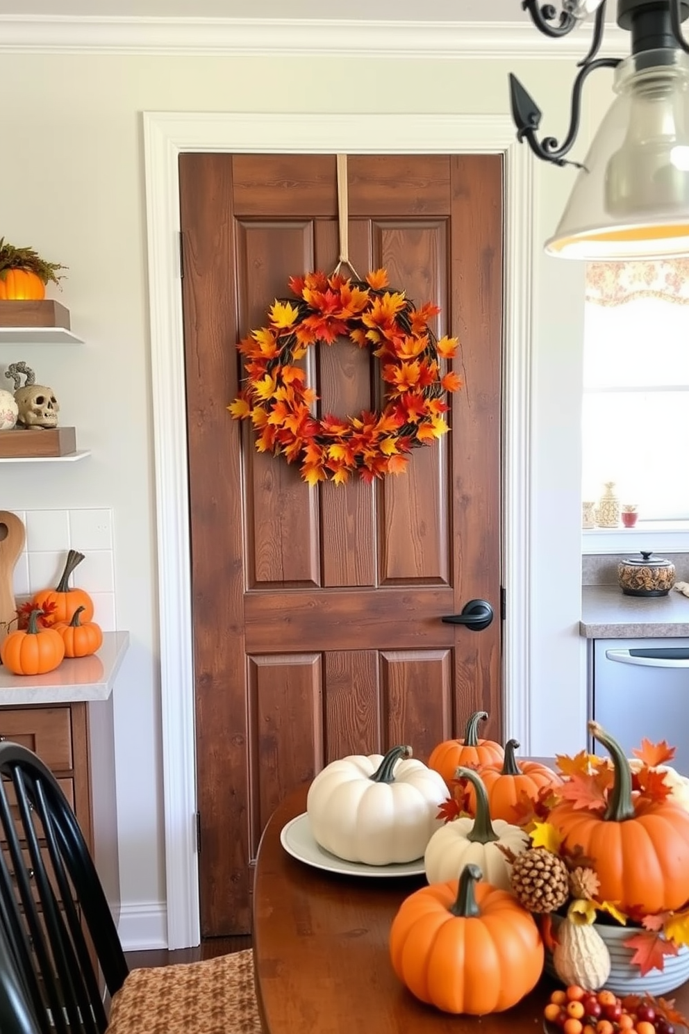 A vibrant fall wreath adorned with orange, red, and yellow leaves hangs on a rustic wooden kitchen door. The kitchen is decorated with pumpkins and autumn-themed centerpieces on the dining table, creating a warm and inviting atmosphere for Thanksgiving.