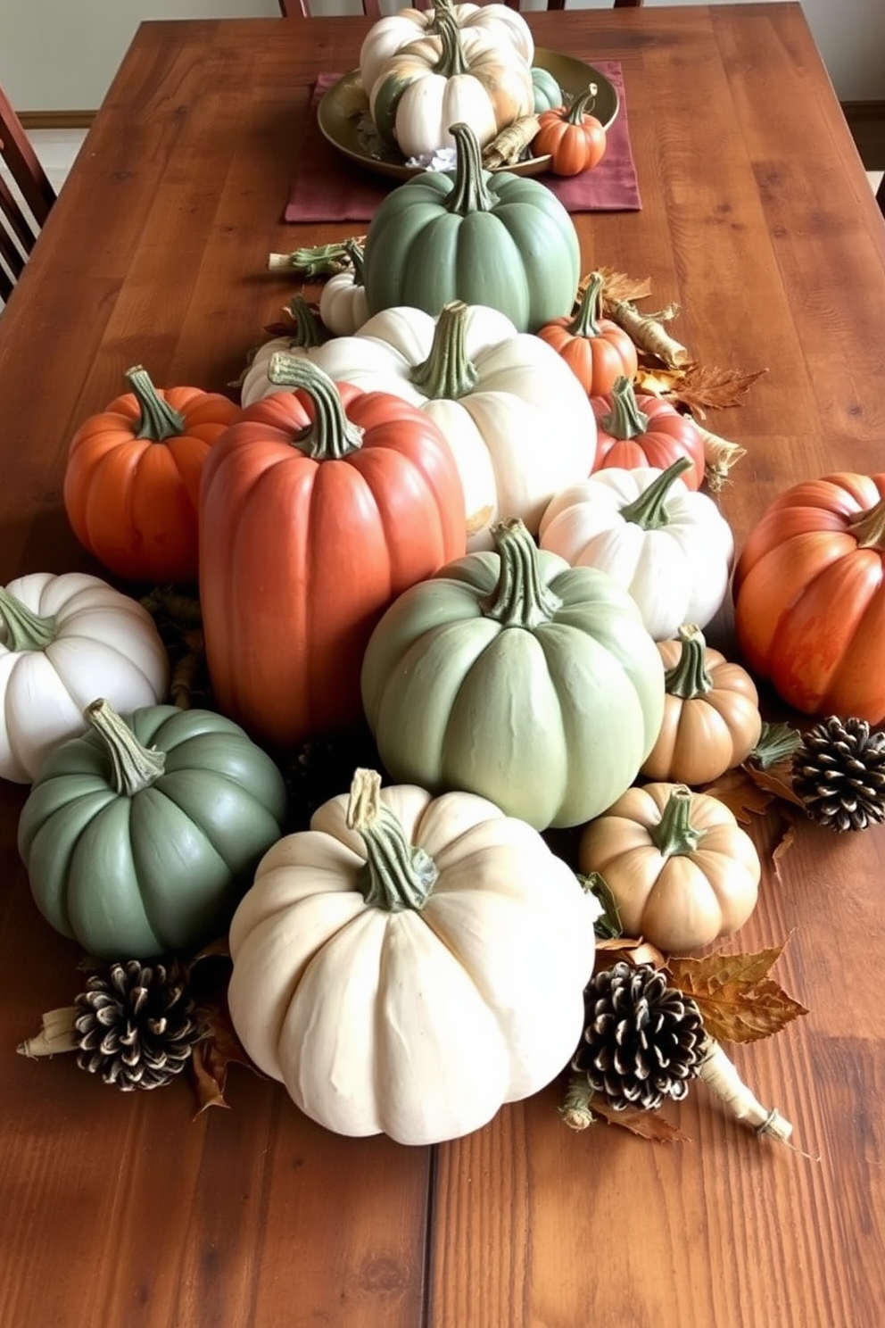 Hand-painted pumpkins in various sizes and colors are arranged as a centerpiece on a rustic wooden dining table. Surrounding the pumpkins are autumn-themed accents like pinecones and dried leaves, creating a warm and inviting atmosphere for Thanksgiving.