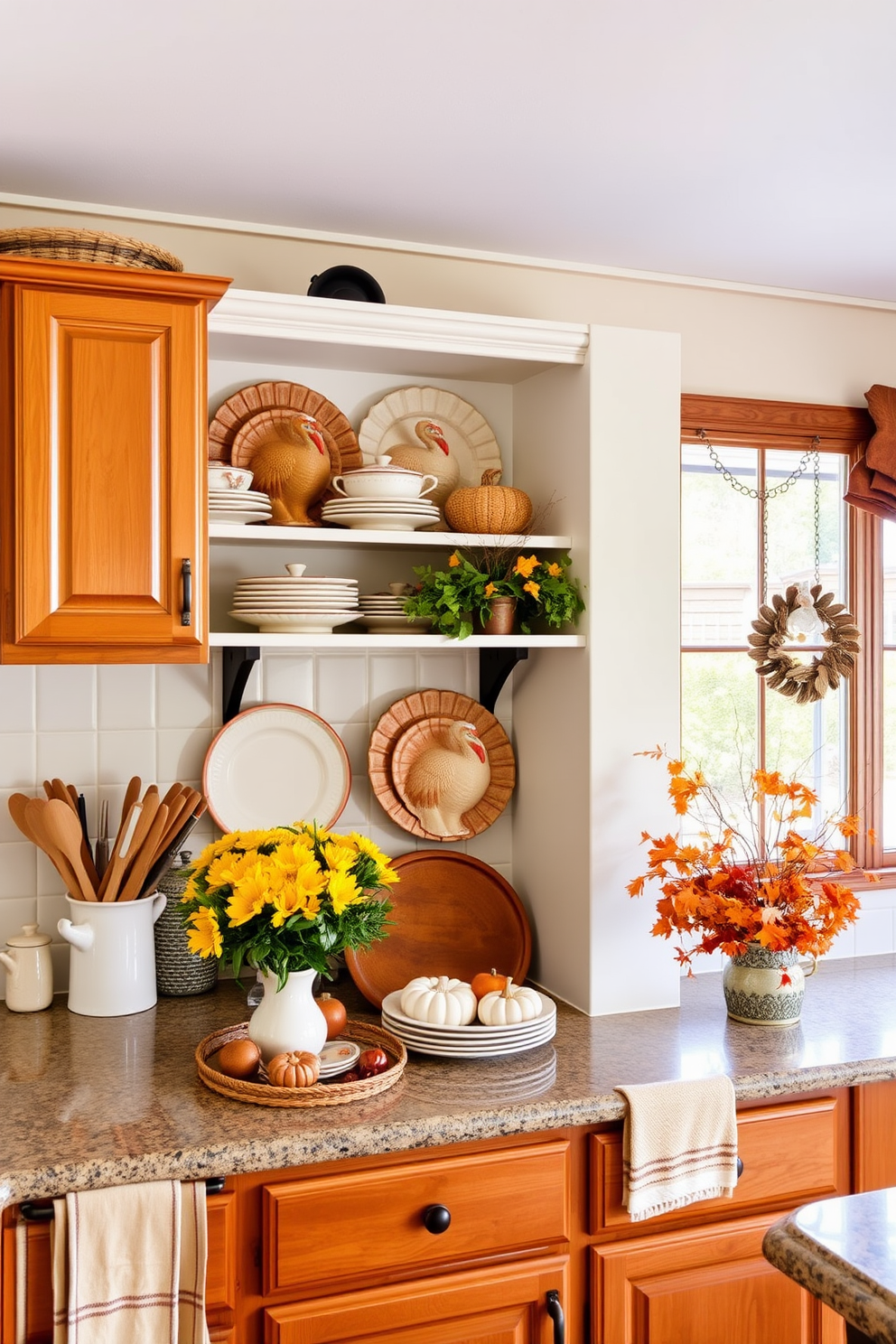 A cozy kitchen adorned with autumn colored curtains that frame the windows beautifully. The curtains are made of a warm fabric that complements the rich tones of the season, adding a festive touch to the space. Decorative elements on the countertops include pumpkins and gourds, enhancing the Thanksgiving theme. A centerpiece with seasonal flowers sits on the dining table, creating an inviting atmosphere for family gatherings.