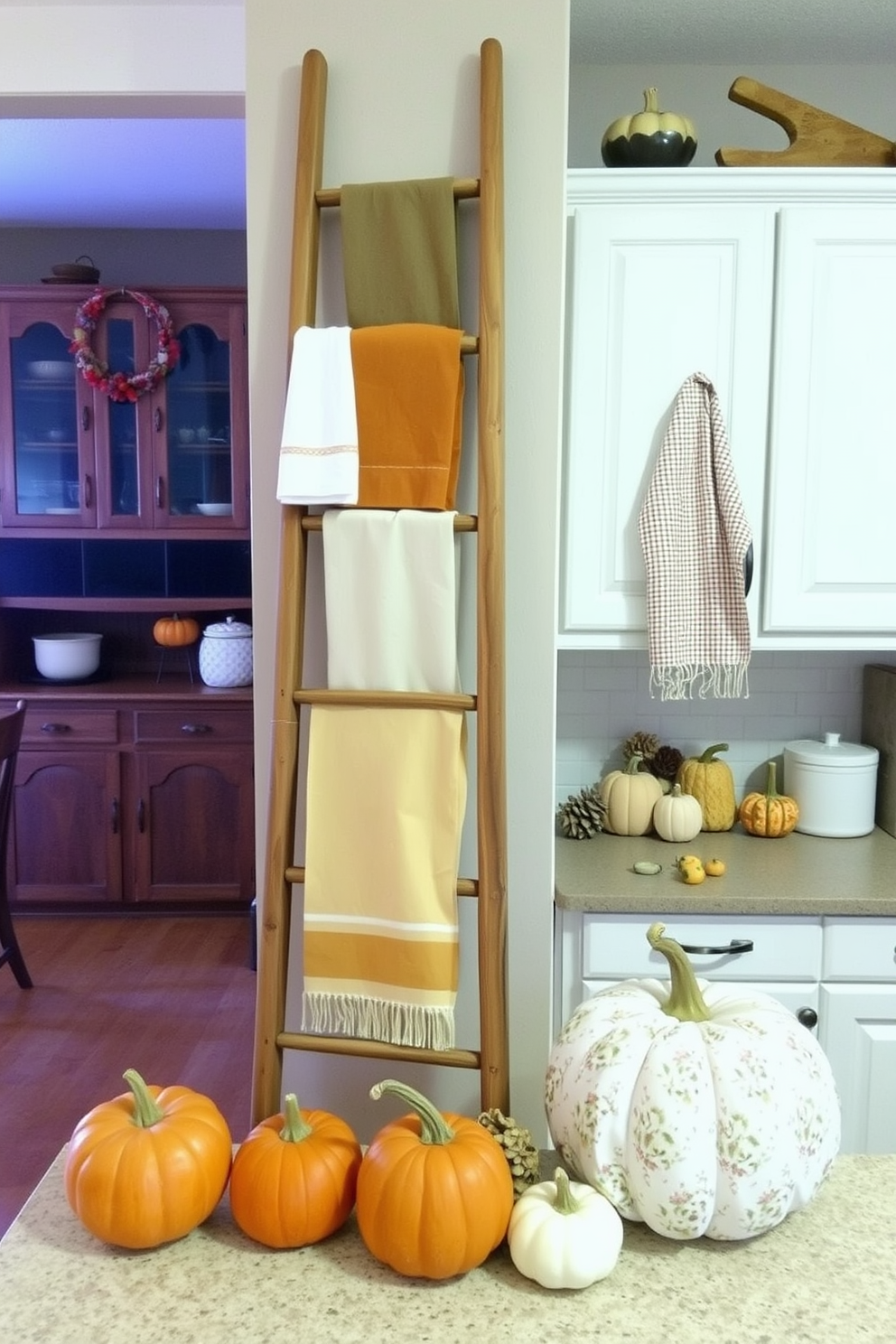 A rustic wooden ladder leans against a wall in the kitchen, adorned with various kitchen towels in warm autumn colors. Surrounding the ladder are decorative elements such as pumpkins and gourds, creating a cozy Thanksgiving atmosphere.