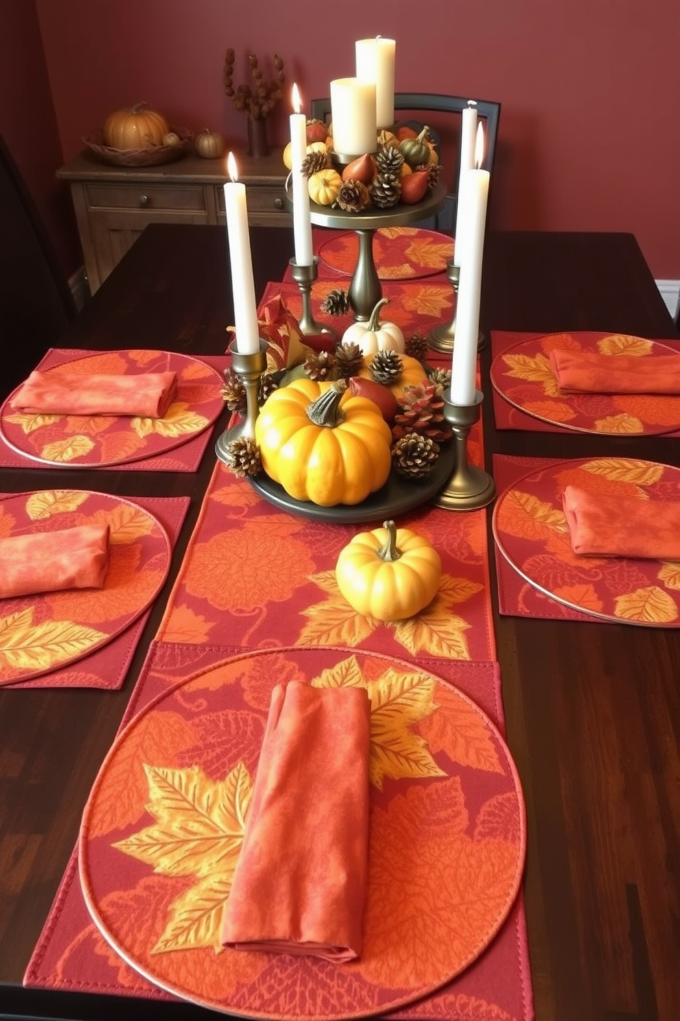 Autumn-themed placemats for a dining table feature rich hues of orange, gold, and deep red. Each placemat is adorned with intricate leaf patterns and textures that evoke the essence of fall. Thanksgiving kitchen decorating ideas include a warm color palette with rustic elements. Centerpieces made of gourds, pinecones, and candles create an inviting atmosphere for family gatherings.