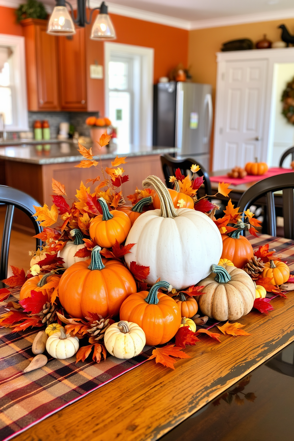 A beautiful autumn-themed centerpiece is created with an assortment of pumpkins in various sizes and colors arranged on a rustic wooden table. Surrounding the pumpkins are vibrant fall leaves and small gourds, adding warmth and texture to the display. The kitchen is decorated with warm tones, featuring a combination of deep oranges and earthy browns. A cozy table setting includes plaid table runners and matching napkins, enhancing the festive atmosphere for Thanksgiving.