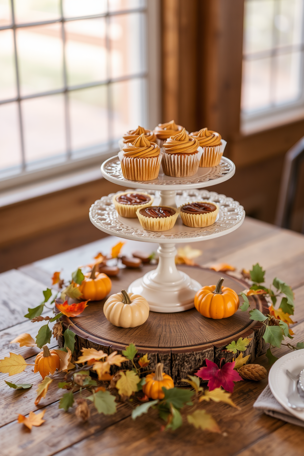 A decorative cake stand is elegantly displayed on a rustic wooden table adorned with autumn leaves and small pumpkins. Seasonal treats like pumpkin spice cupcakes and pecan pies are artfully arranged on the stand, creating a warm and inviting atmosphere.