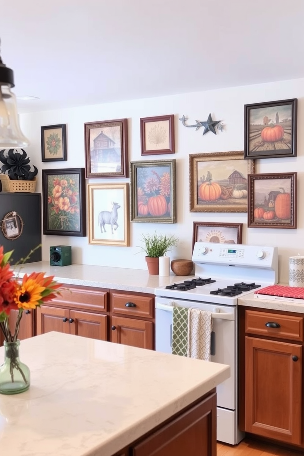 A cozy kitchen adorned with harvest-inspired wall art that captures the essence of Thanksgiving. The walls feature a collection of framed artwork showcasing autumn leaves, pumpkins, and rustic farm scenes, creating a warm and inviting atmosphere.