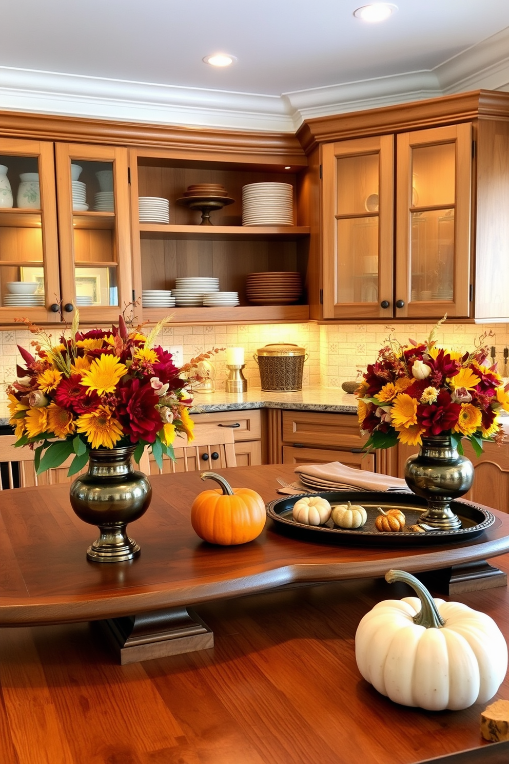 Create a warm and inviting kitchen scene decorated for Thanksgiving. The centerpiece features a large wooden table adorned with seasonal floral arrangements in vibrant autumn colors placed in elegant vases. Surrounding the table, rustic wooden cabinets showcase a collection of fall-themed dishware. Soft golden lighting enhances the cozy atmosphere, while a pumpkin and gourds are artfully arranged on the countertop.