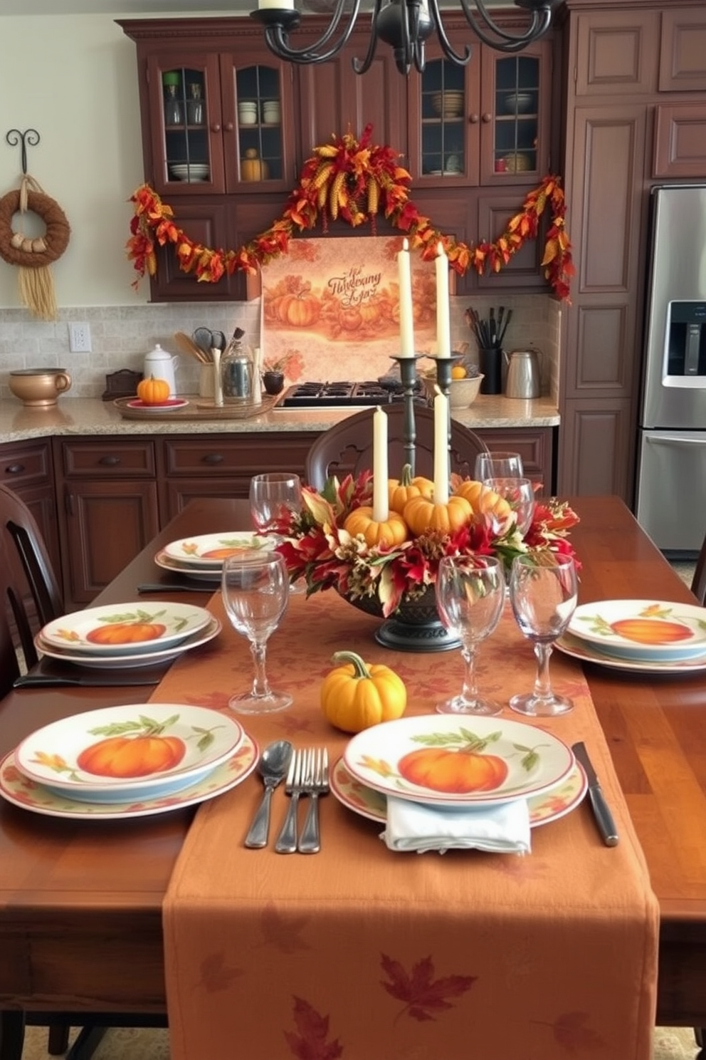 Thanksgiving-themed dishware is beautifully arranged on an elegant wooden dining table. The table features a warm tablecloth adorned with autumn leaves, and the dishware includes hand-painted plates with pumpkin designs, complemented by matching goblets and utensils. The kitchen is decorated with garlands of dried corn and colorful fall foliage hanging from the cabinets. A rustic centerpiece made of mini pumpkins and candles adds a cozy ambiance to the space, enhancing the festive atmosphere.