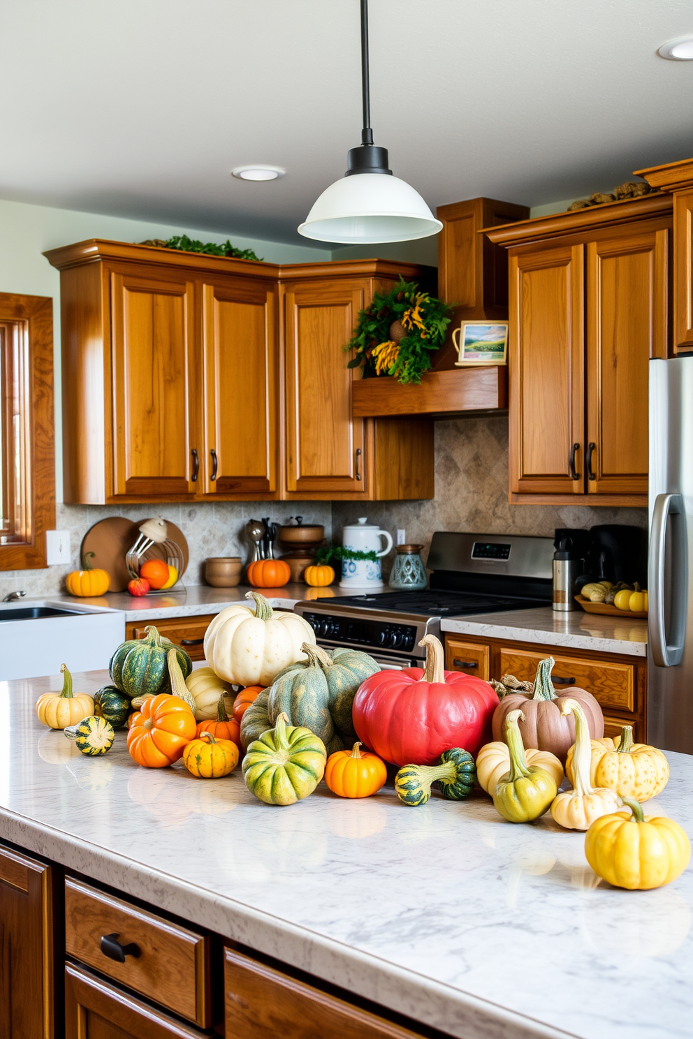 A warm and inviting kitchen adorned with colorful gourds scattered across the countertops. The gourds come in various shapes and sizes, adding a festive touch to the space while complementing the rustic wooden cabinetry.