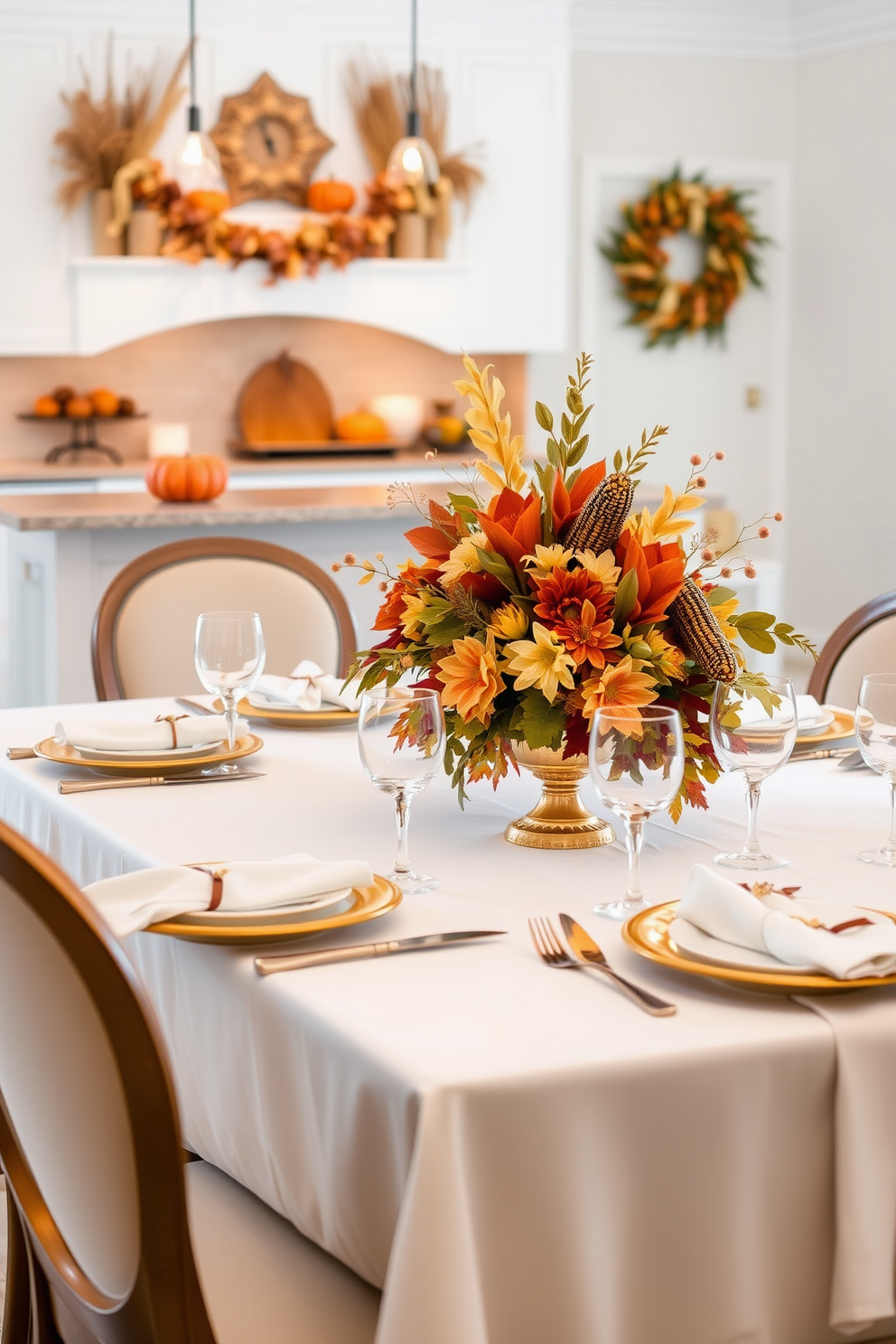 An elegant table setting is arranged with a crisp white tablecloth and gold-accented dinnerware. The centerpiece features a stunning floral arrangement with autumn hues and golden leaves, enhancing the festive atmosphere. In the background, the kitchen is adorned with tasteful Thanksgiving decorations, including a garland of dried corn and pumpkins on the countertop. Soft, warm lighting casts a cozy glow over the scene, inviting guests to gather and celebrate.