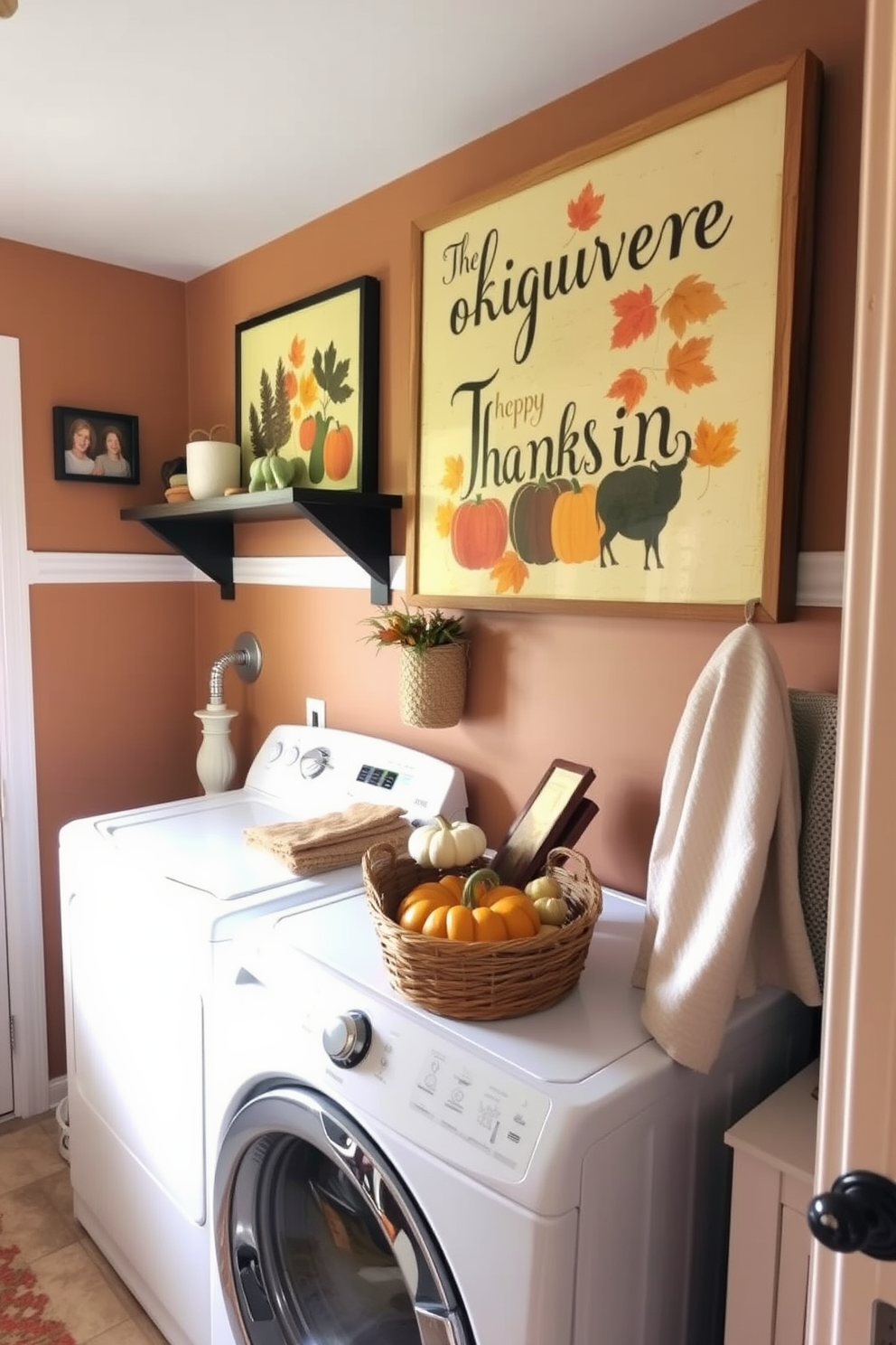 A cozy laundry room adorned with harvest-themed wall art that celebrates Thanksgiving. The walls are painted in warm autumn colors, complemented by decorative elements like pumpkins and fall leaves.