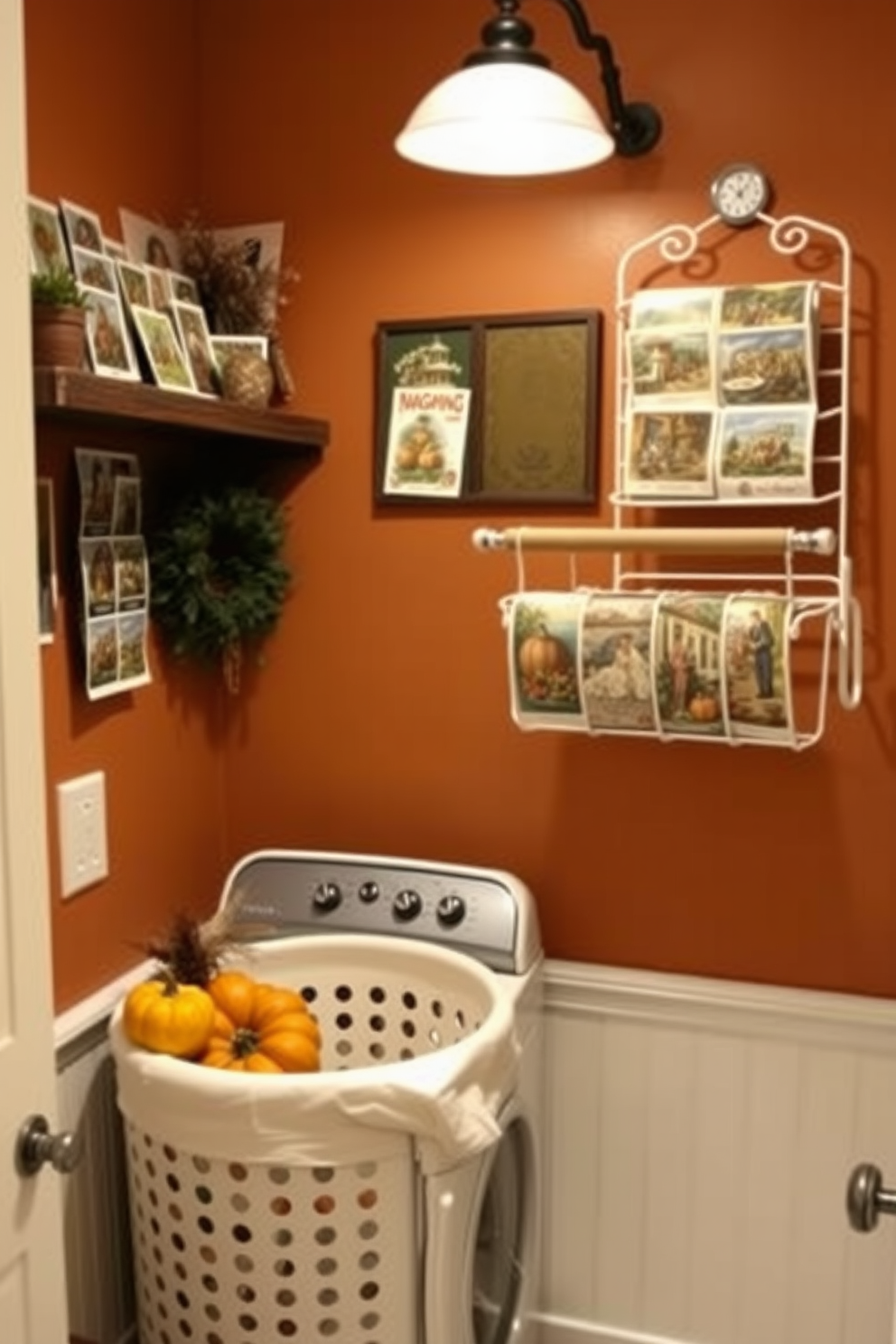 A cozy laundry room adorned with vintage Thanksgiving postcards as decor. The walls are painted in warm autumn hues, and a rustic wooden shelf displays an assortment of postcards featuring classic Thanksgiving scenes. A vintage-inspired laundry basket sits in the corner, surrounded by seasonal decorations like small pumpkins and dried corn. A charming wall-mounted drying rack complements the decor, creating a festive and functional space.