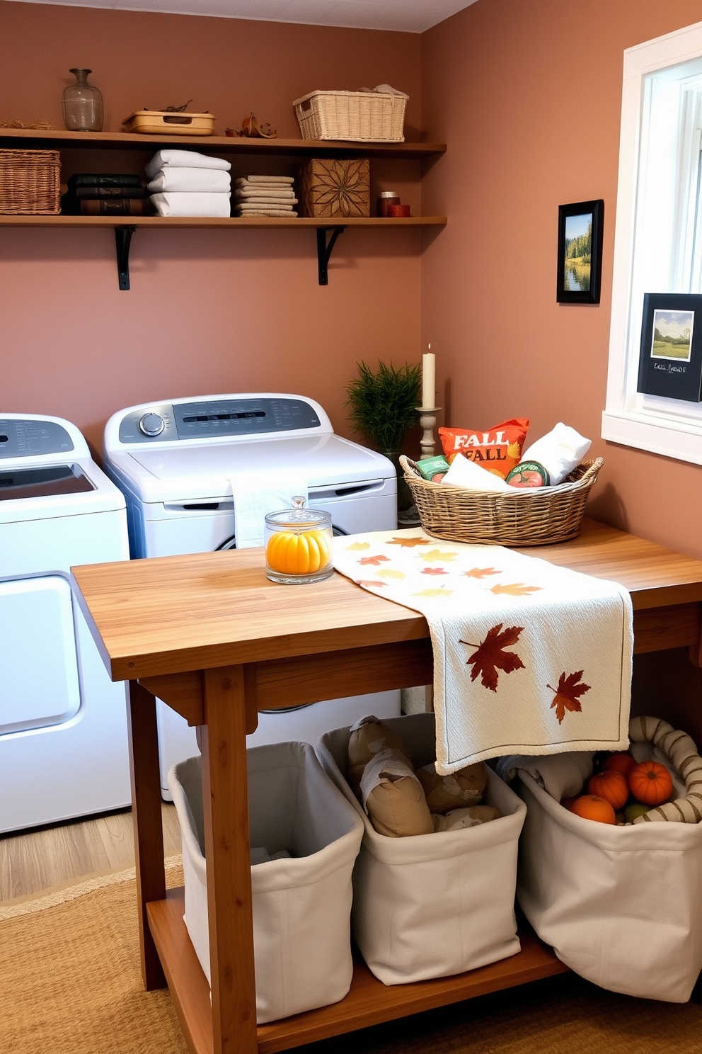 A cozy laundry room adorned with fall-themed decor. A table runner featuring autumn leaves and pumpkins stretches across a wooden folding table, complemented by wicker baskets filled with seasonal laundry essentials. On the walls, subtle autumn hues create a warm atmosphere. Decorative touches like small framed prints of fall landscapes and a scented candle add to the inviting ambiance.