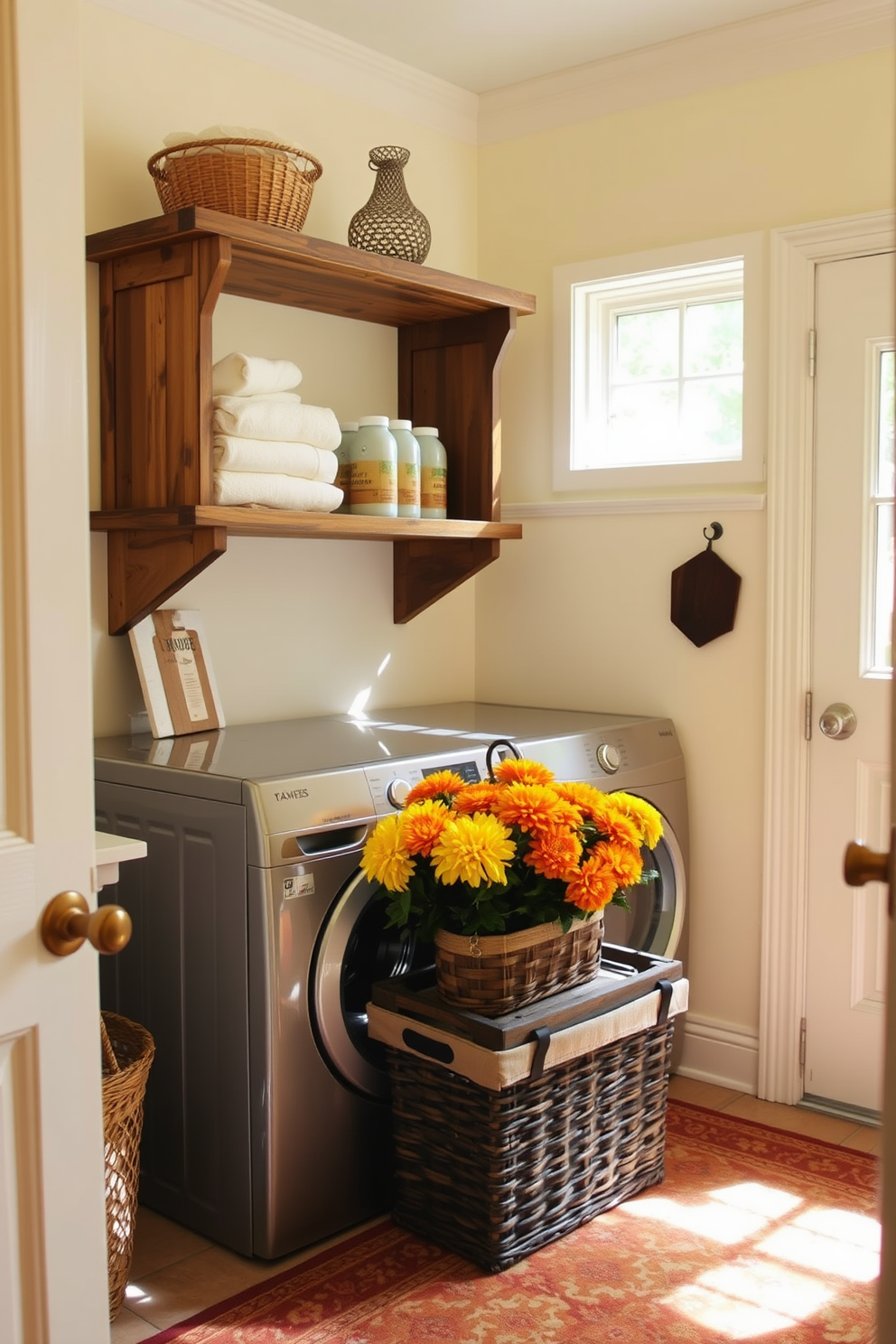 A cozy laundry room filled with natural light. The walls are painted a soft cream, and a rustic wooden shelf holds neatly folded towels and laundry supplies. On the countertop, a decorative basket contains potted mums in vibrant yellows and oranges, adding a cheerful touch for Thanksgiving. A vintage-style rug in warm tones lies underfoot, enhancing the inviting atmosphere.