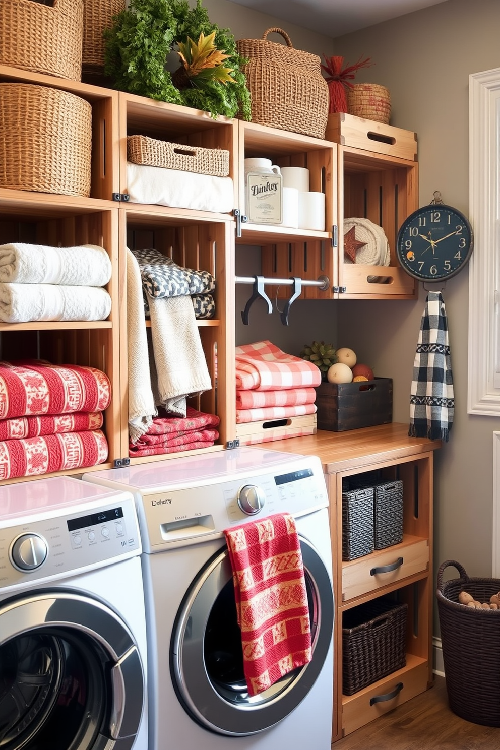 A cozy laundry room featuring wooden crates used for stylish storage solutions. The crates are arranged neatly along the wall, filled with colorful towels and seasonal decorations for Thanksgiving.