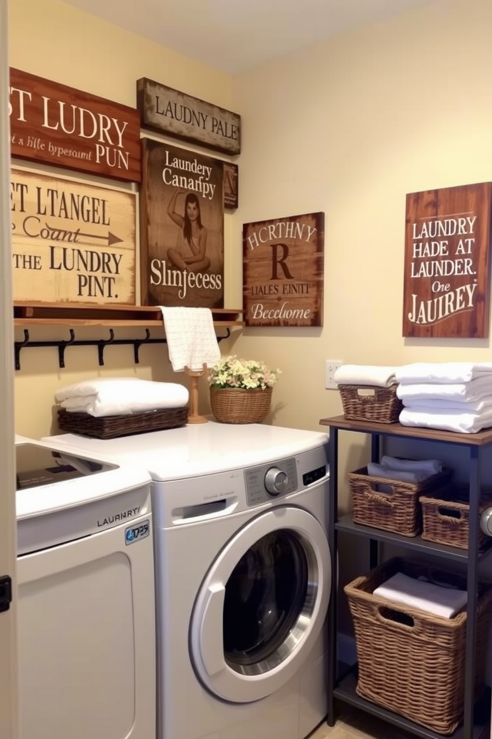 A cozy laundry room featuring rustic wooden signs adorned with clever laundry puns. The walls are painted in a warm cream color, complemented by vintage-style shelving displaying neatly folded towels and decorative baskets.