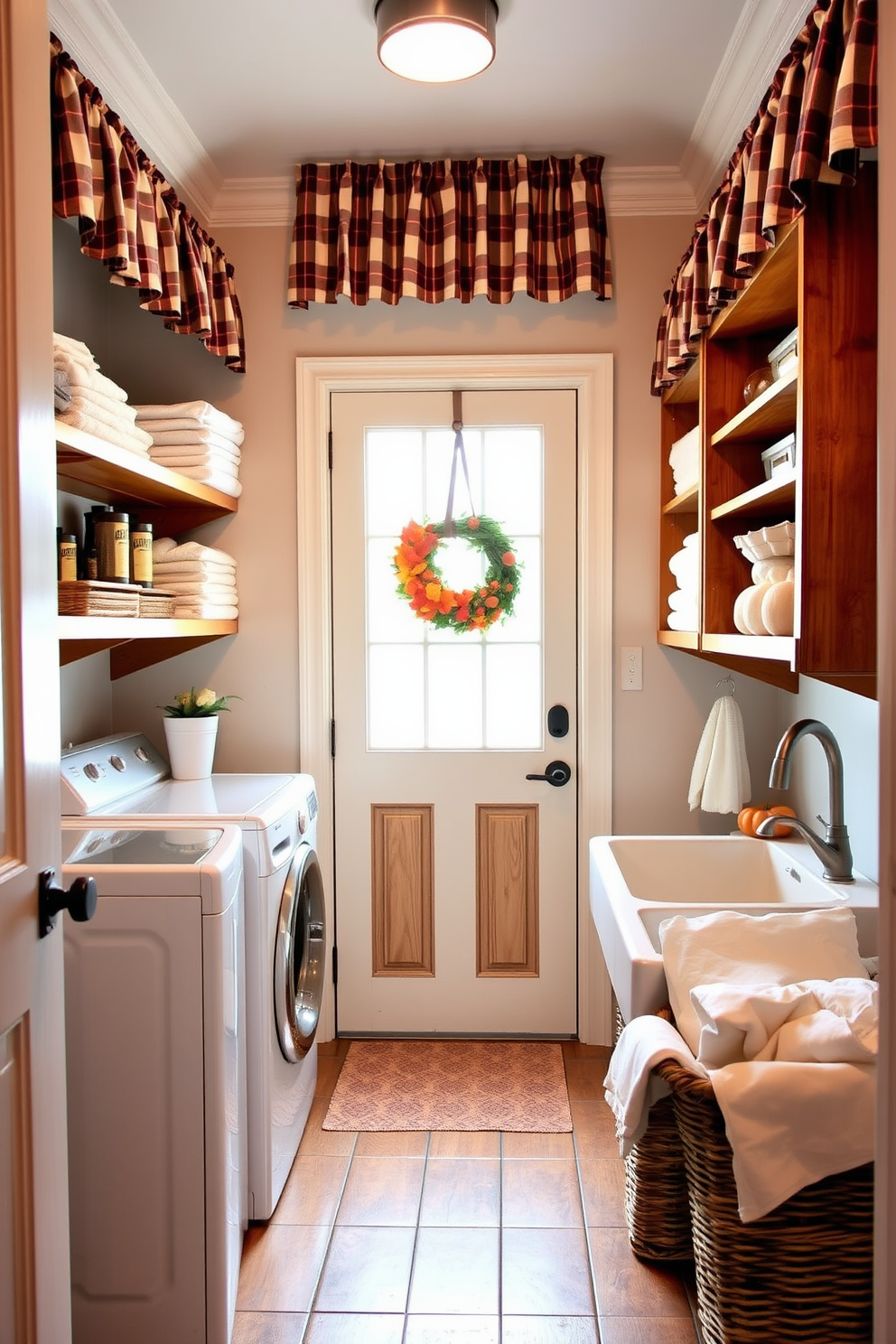 A cozy laundry room adorned with plaid patterned curtains that add a touch of warmth and charm. The space features a classic white washer and dryer, complemented by wooden shelving units filled with neatly folded towels and laundry supplies. A rustic farmhouse sink sits beneath a window, allowing natural light to brighten the room. Decorative elements include a seasonal Thanksgiving wreath hanging on the door and a basket of fresh linens placed nearby.