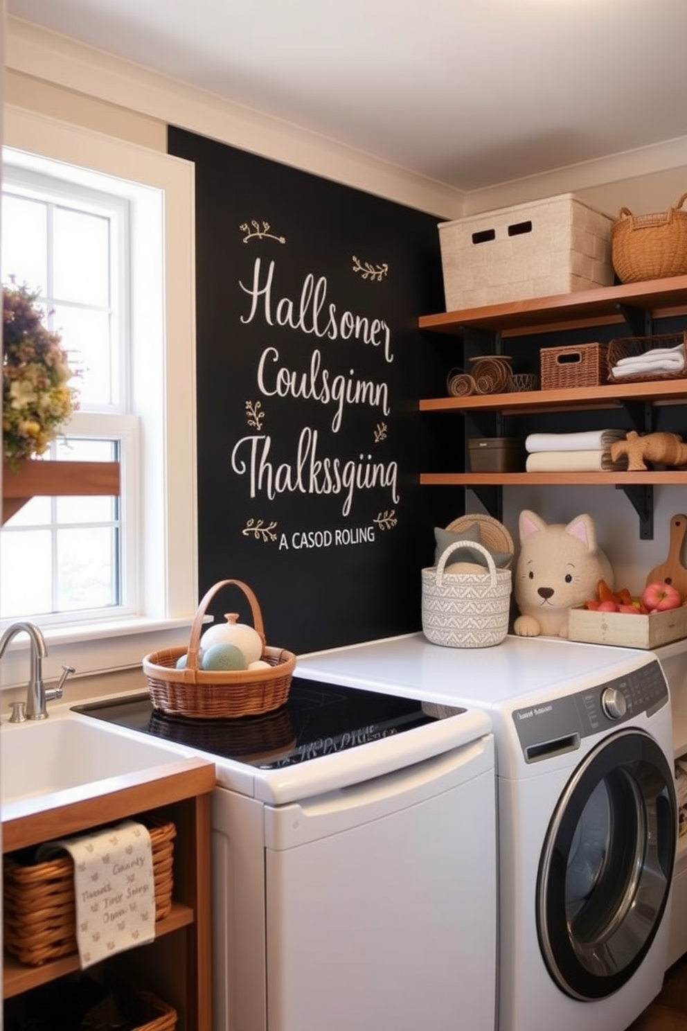 A cozy laundry room featuring a chalkboard wall for seasonal messages. The space is accented with warm wood shelves and decorative bins for organization, creating an inviting atmosphere for Thanksgiving.