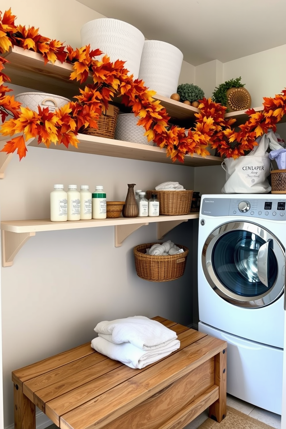 A cozy laundry room adorned with autumn garlands draped across the shelves. The garlands feature vibrant orange, red, and yellow leaves, creating a warm and inviting atmosphere. The shelves are filled with neatly organized laundry supplies and decorative baskets. A rustic wooden bench sits beneath the shelves, providing a functional yet stylish space for folding clothes.