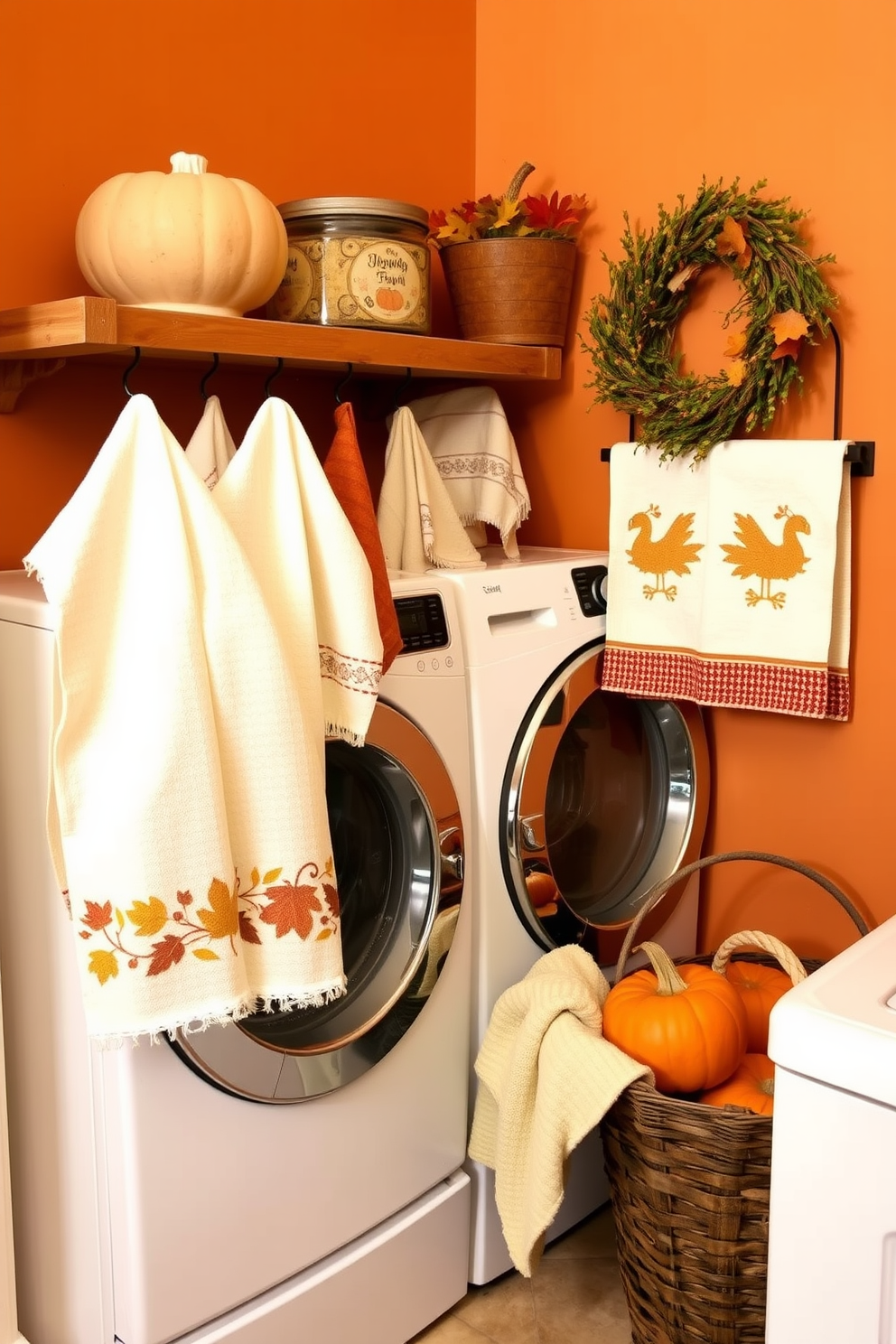 A cozy laundry room decorated for Thanksgiving features seasonal dish towels hanging on a wooden rack. The walls are painted in warm autumn hues, and a rustic basket filled with pumpkins sits in the corner.