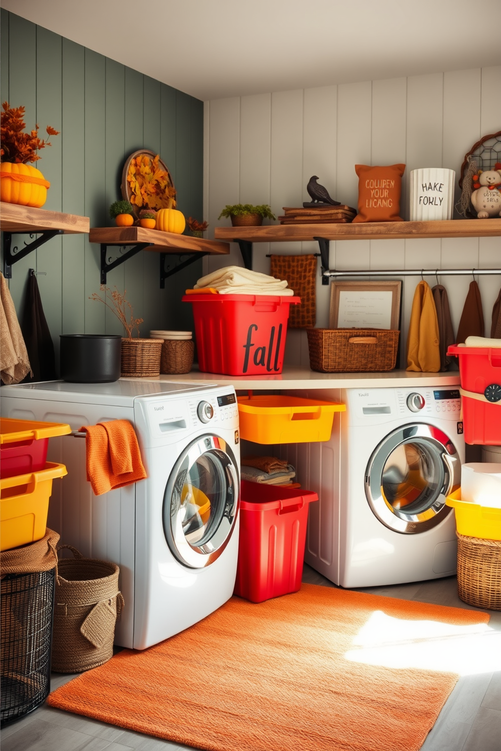 A vibrant laundry room filled with colorful laundry bins in shades of orange, red, and yellow reminiscent of fall. The walls are adorned with rustic wooden shelves displaying seasonal decor, and a cozy area rug in warm tones lies beneath the washing machine and dryer.