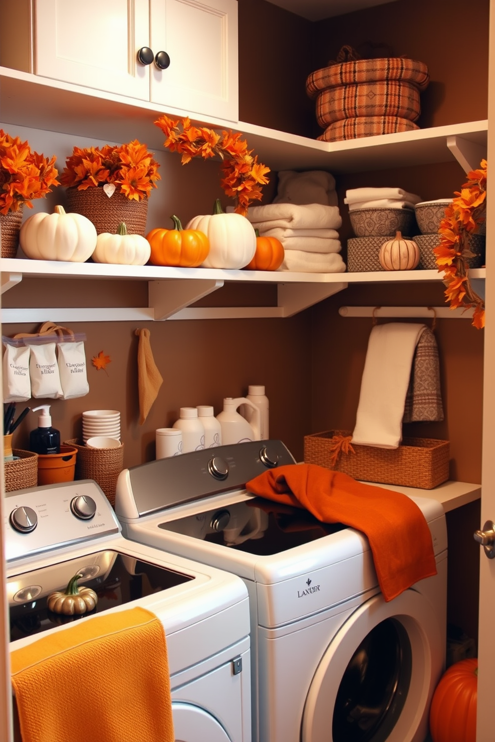 A cozy laundry room adorned with pumpkin accents on the shelves. The warm autumn colors create a festive atmosphere, complemented by neatly organized laundry supplies and seasonal decor.