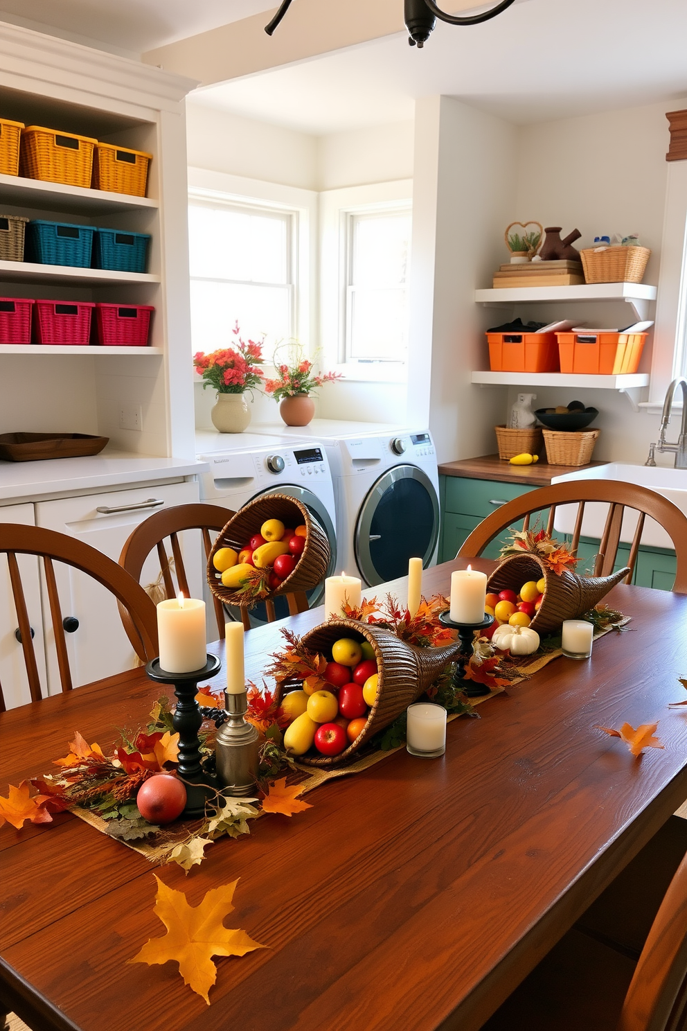 Miniature cornucopias filled with vibrant fruits and vegetables serve as charming centerpieces for a Thanksgiving dining table. Each cornucopia is artistically arranged on a rustic wooden table adorned with autumn leaves and candles, creating a warm and inviting atmosphere. The laundry room features a functional yet stylish design with ample storage solutions and a cheerful color palette. Brightly colored baskets line the shelves, while a farmhouse sink sits next to a window that lets in natural light, enhancing the overall space.