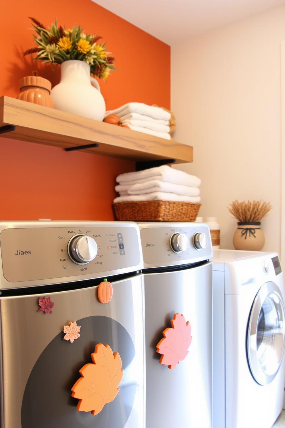 Thanksgiving-themed magnets adorn the stainless steel appliances in a bright and cheerful laundry room. The walls are painted in a warm pumpkin spice color, complemented by a rustic wooden shelf displaying seasonal decor and neatly folded towels.