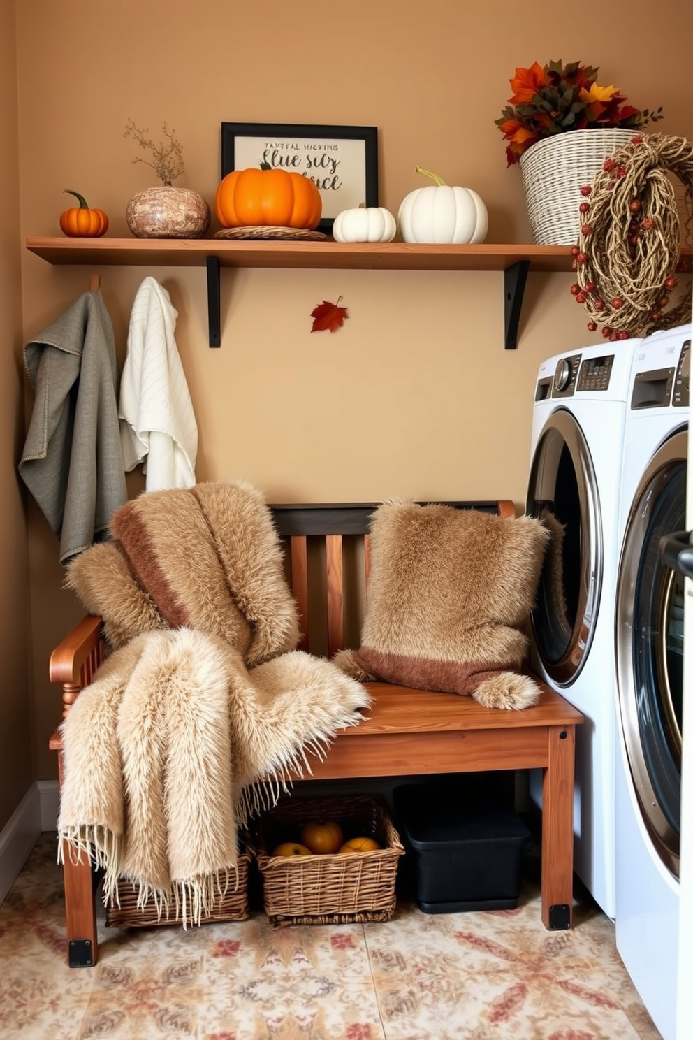 A cozy laundry room decorated for Thanksgiving features faux fur throws draped over a wooden bench. The walls are painted in a warm beige tone, and seasonal decorations like pumpkins and autumn leaves are arranged on the shelves.