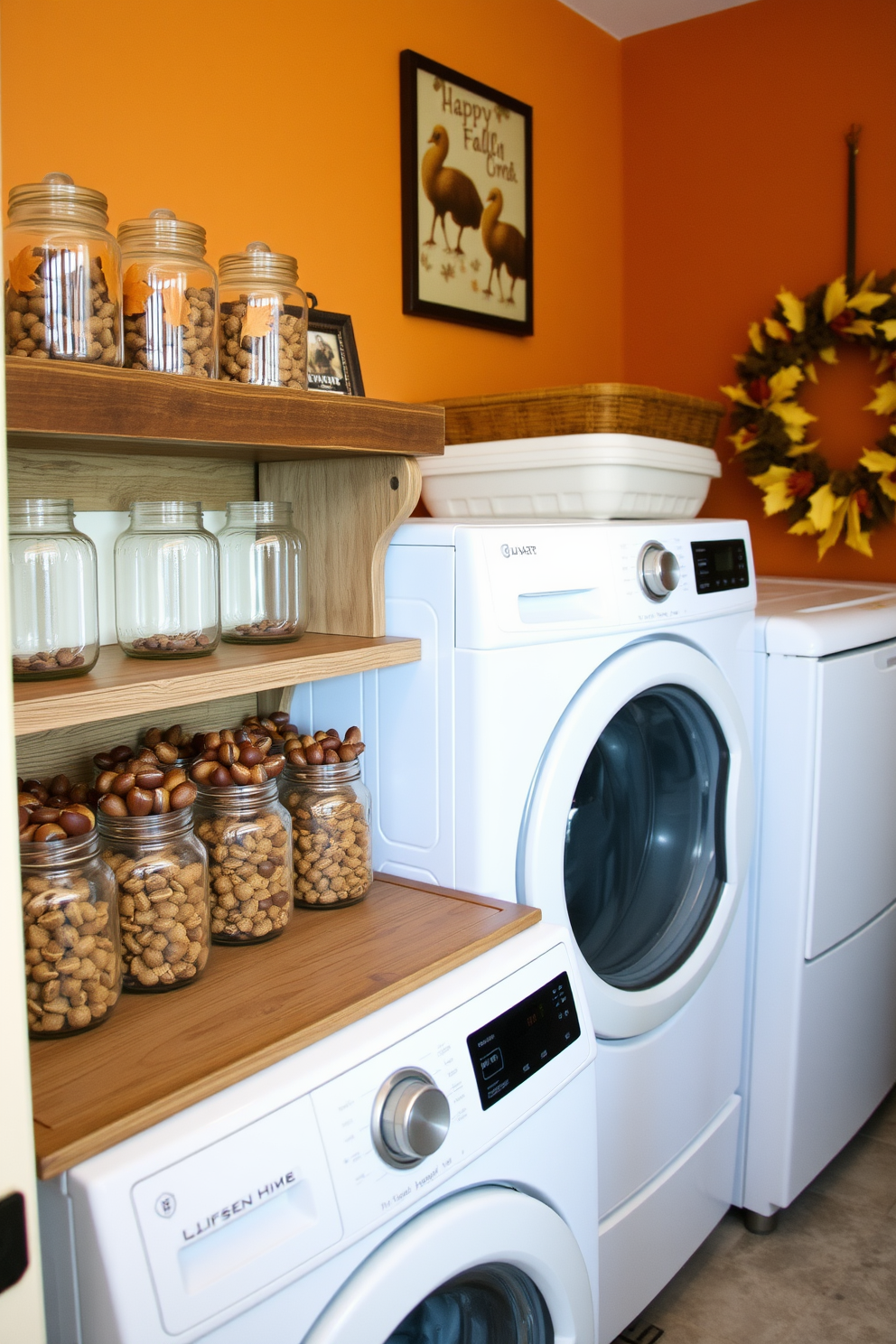 A cozy laundry room adorned for Thanksgiving features decorative jars filled with acorns displayed on a rustic wooden shelf. The walls are painted in warm autumn hues, and a cheerful wreath made of fall leaves hangs on the door.