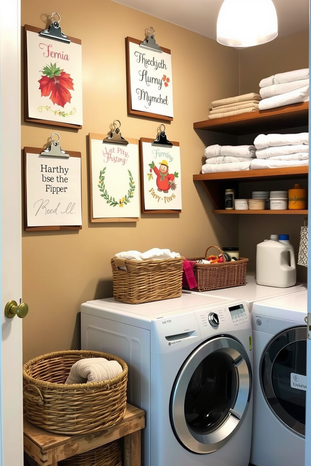 Seasonal artwork displayed on clipboards creates a festive atmosphere in the laundry room. The walls are painted in a soft beige, complementing the colorful artwork and adding warmth to the space. Thoughtfully arranged shelves hold neatly folded towels and laundry supplies, enhancing both functionality and style. A rustic wooden bench provides a cozy spot for sorting clothes, while a woven basket adds texture and organization.