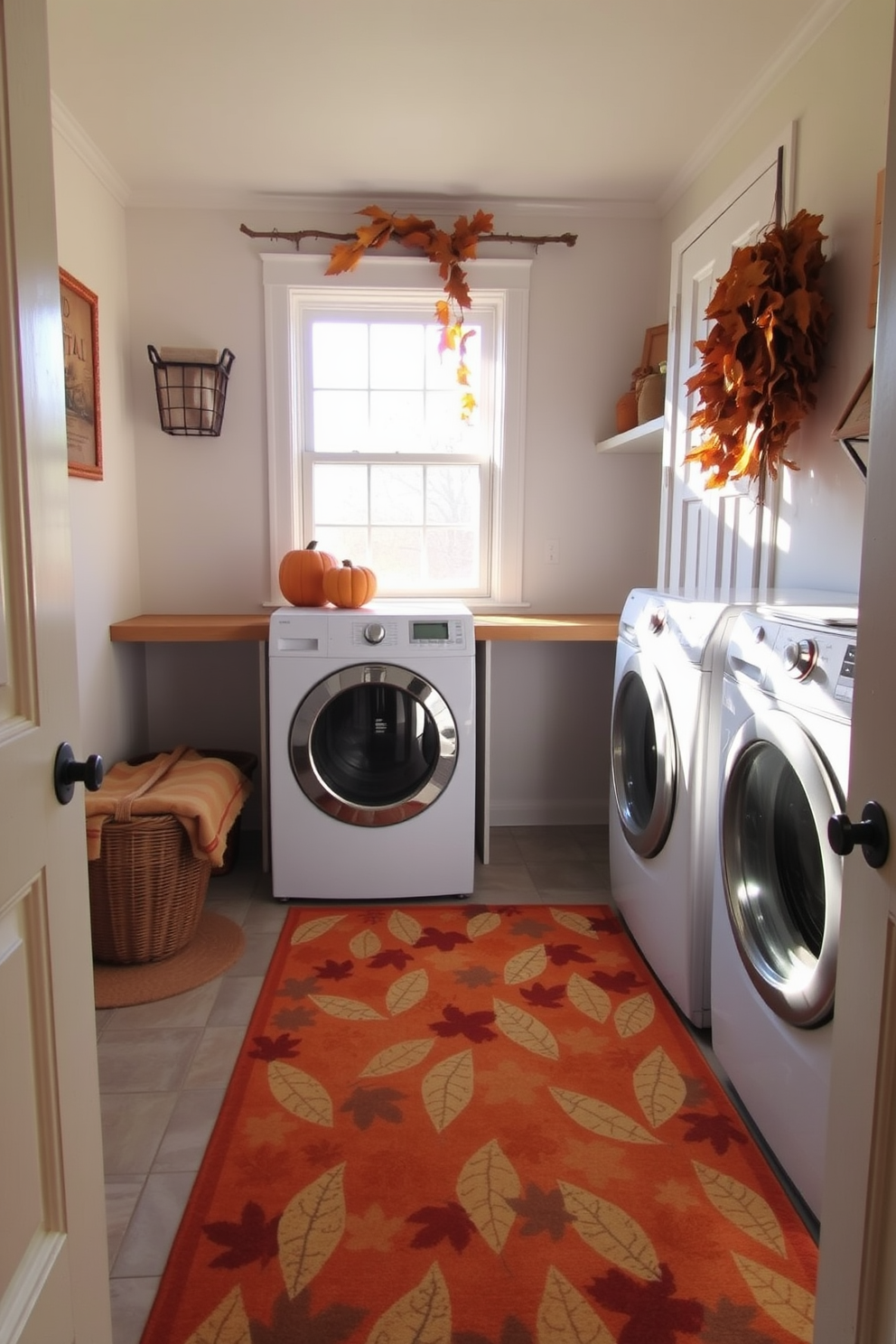 A cozy laundry room adorned with a fall-themed rug featuring warm tones of orange, yellow, and brown. The space is brightened by natural light streaming through a window, showcasing decorative pumpkins and autumn leaves placed on a shelf.