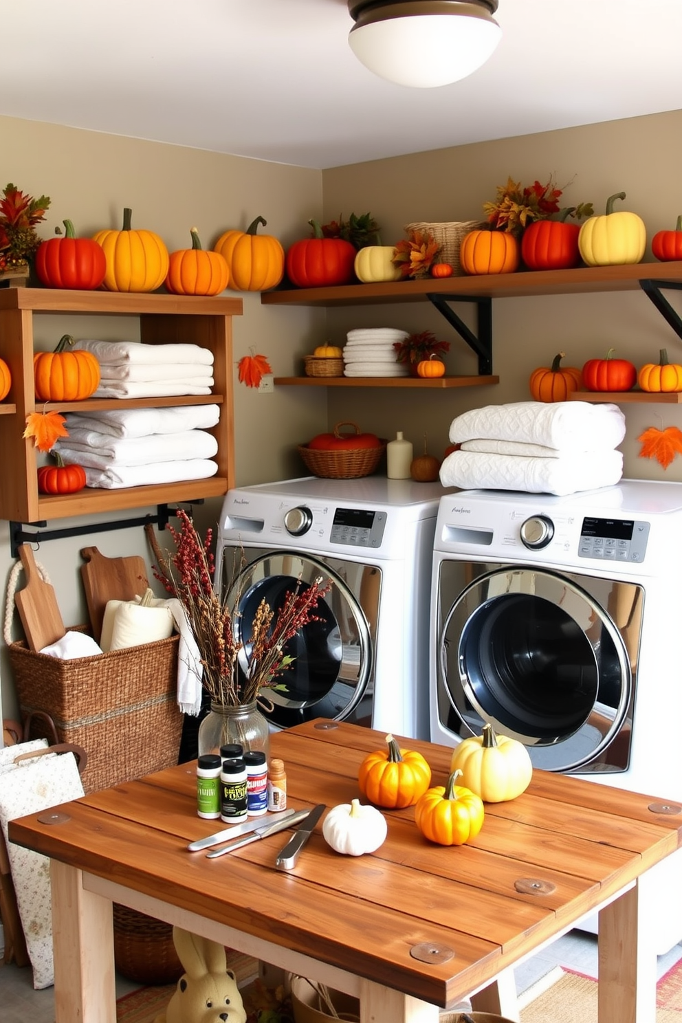 A cozy laundry room with a festive Thanksgiving theme. The walls are adorned with DIY painted pumpkins in warm autumn colors, creating a cheerful atmosphere. The laundry area features open shelving displaying neatly folded towels and seasonal decorations. A rustic wooden table is set up for crafting, with paint supplies and small pumpkins ready for decorating.