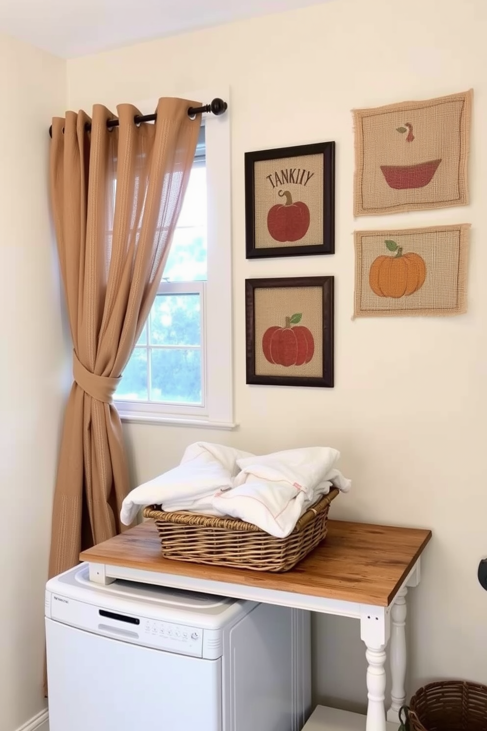 A laundry room with burlap accents to create a rustic feel. The walls are painted in a soft cream color, and burlap curtains hang over the window, adding warmth to the space. A vintage wooden table serves as a folding station, topped with a wicker basket filled with fresh linens. Decorative burlap wall art featuring autumn-themed designs complements the Thanksgiving decor.