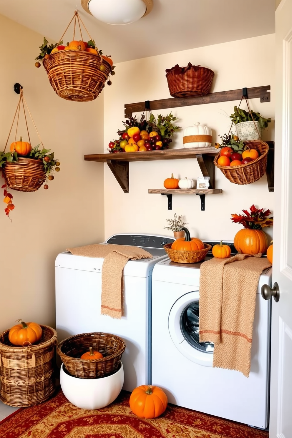 Hanging baskets filled with seasonal fruits create a warm and inviting atmosphere in a Thanksgiving-themed laundry room. The walls are painted in a soft cream color, and the baskets are arranged on rustic wooden shelves, adding a touch of charm and functionality. Decorative accents such as autumn leaves and small pumpkins are placed around the room to enhance the festive spirit. A cozy area rug in warm tones complements the overall decor, making the laundry room feel like a welcoming space for family gatherings.