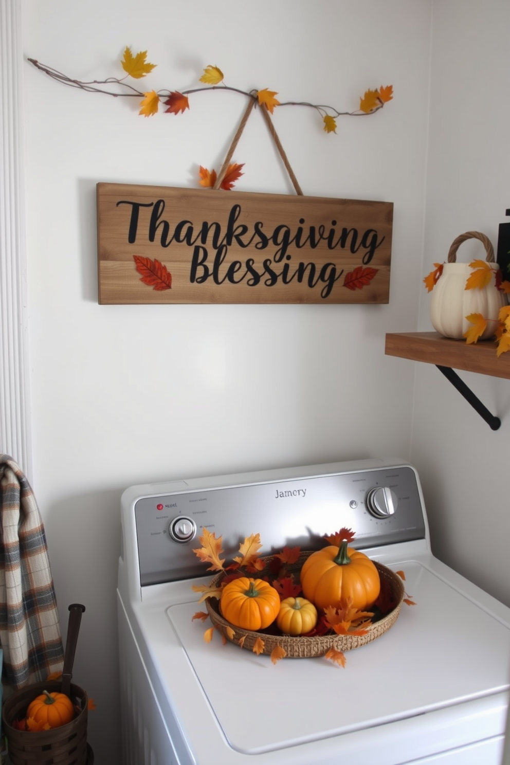 A cozy laundry room decorated for Thanksgiving. The walls are adorned with a rustic sign that reads Thanksgiving blessings, surrounded by autumn leaves and miniature pumpkins.