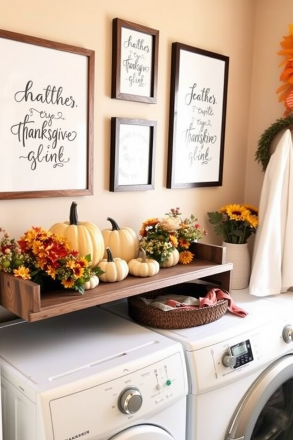 A cozy laundry room adorned with framed Thanksgiving quote prints on the walls. The decor features warm autumn colors, with a rustic wooden shelf displaying pumpkins and seasonal flowers.