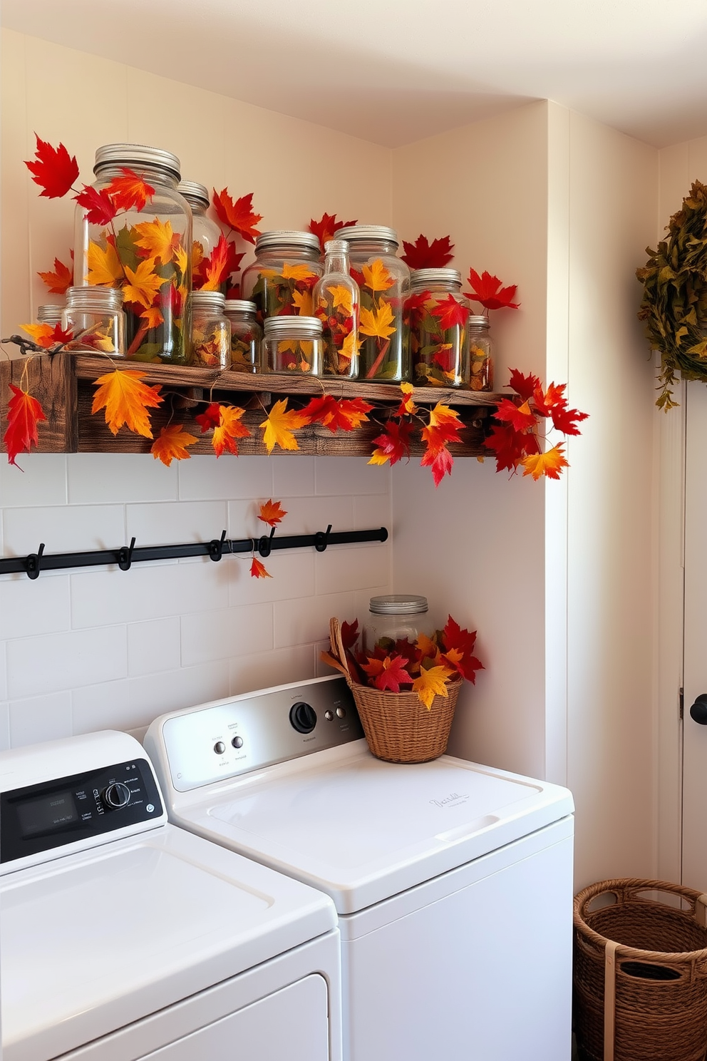 A cozy laundry room adorned with apothecary jars filled with vibrant fall leaves. The jars are arranged on a rustic shelf above a spacious countertop, complemented by warm, earthy tones in the decor.