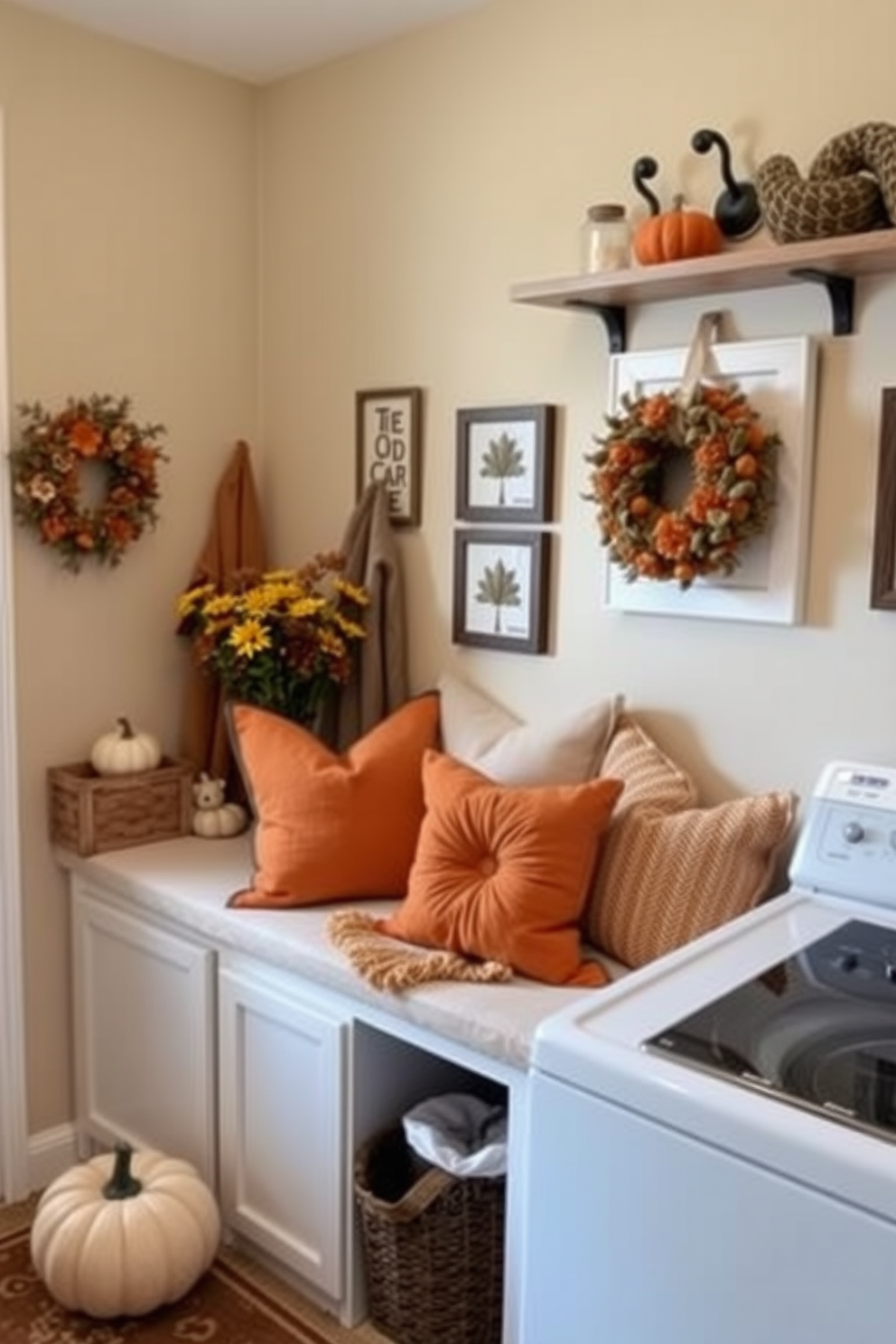 A cozy laundry room adorned with warm autumn-colored throw pillows scattered across a comfortable bench. The walls are painted in soft beige, and decorative elements like pumpkins and seasonal wreaths enhance the Thanksgiving theme.