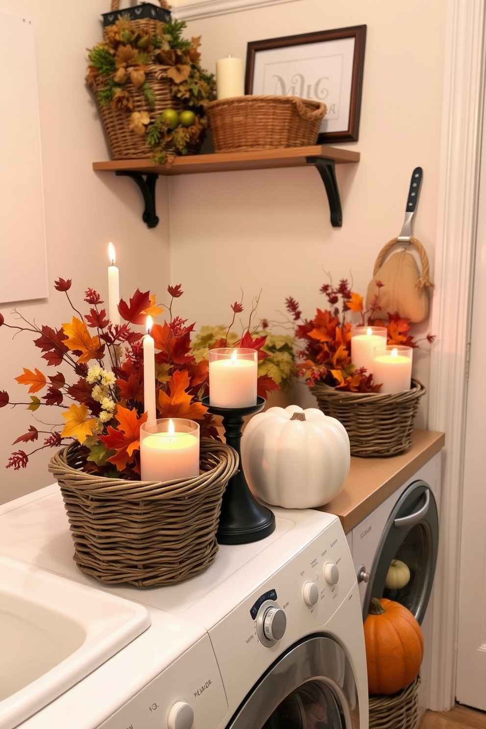 A cozy laundry room decorated for Thanksgiving features seasonal scented candles arranged in woven baskets. The warm colors of autumn are reflected in the decor, creating a welcoming atmosphere.