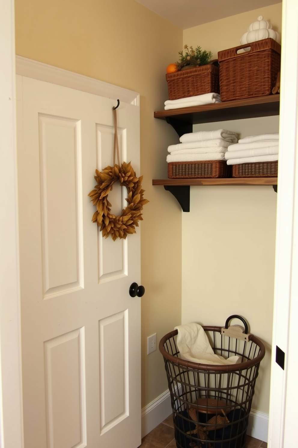 A warm and inviting laundry room features a wreath made of dried leaves hung on the door. The space is adorned with rustic shelving, displaying neatly folded towels and baskets filled with seasonal decorations. The walls are painted in a soft cream color, creating a cozy atmosphere. A vintage laundry basket sits in the corner, adding charm and functionality to the room.