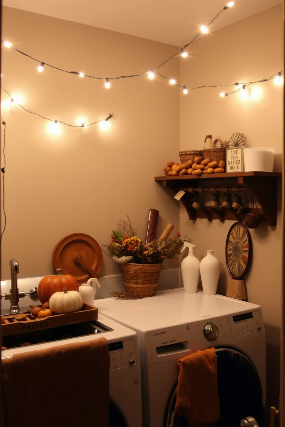 Create a warm and inviting laundry room decorated for Thanksgiving. Soft string lights are draped across the ceiling, casting a gentle glow over the space filled with autumn-themed decor.