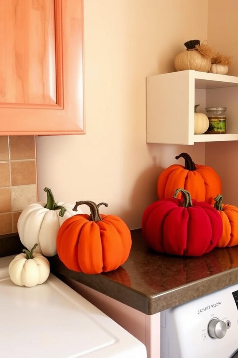 Fabric pumpkins in various sizes and colors are arranged on the countertops, adding a festive touch to the laundry room. The warm hues of the pumpkins complement the soft pastel walls, creating a cozy and inviting atmosphere for holiday decorating.