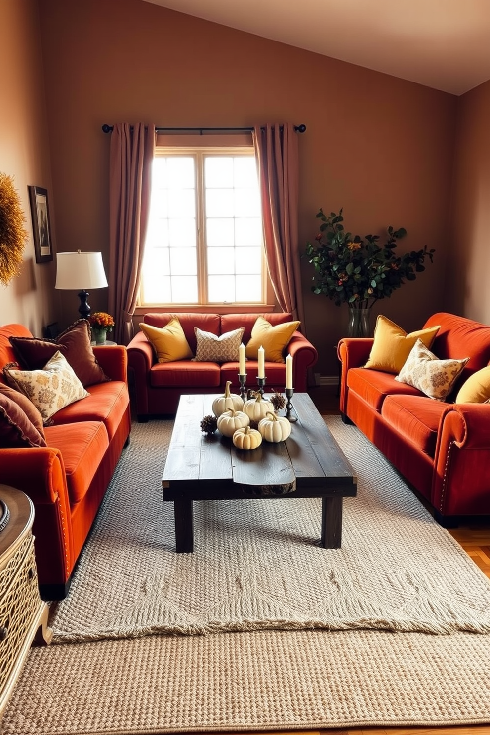 A cozy living room adorned with a warm color palette featuring rich autumn hues. Plush sofas in deep orange and burgundy are complemented by soft, golden throw pillows and a textured cream rug. A rustic wooden coffee table sits at the center, surrounded by decorative pumpkins and candles. The walls are painted in a warm taupe, and a large window allows natural light to flood the space, enhancing the inviting atmosphere.