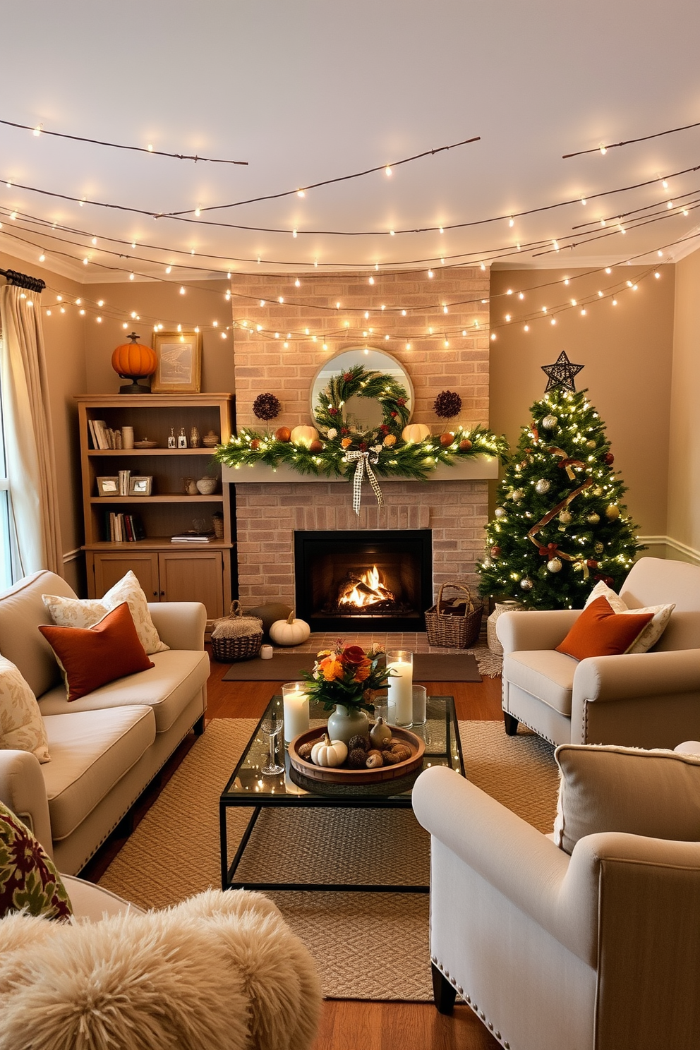 A cozy Thanksgiving living room adorned with string lights casting a warm glow. The space features a plush sectional sofa draped with soft blankets and surrounded by autumn-themed decorations.